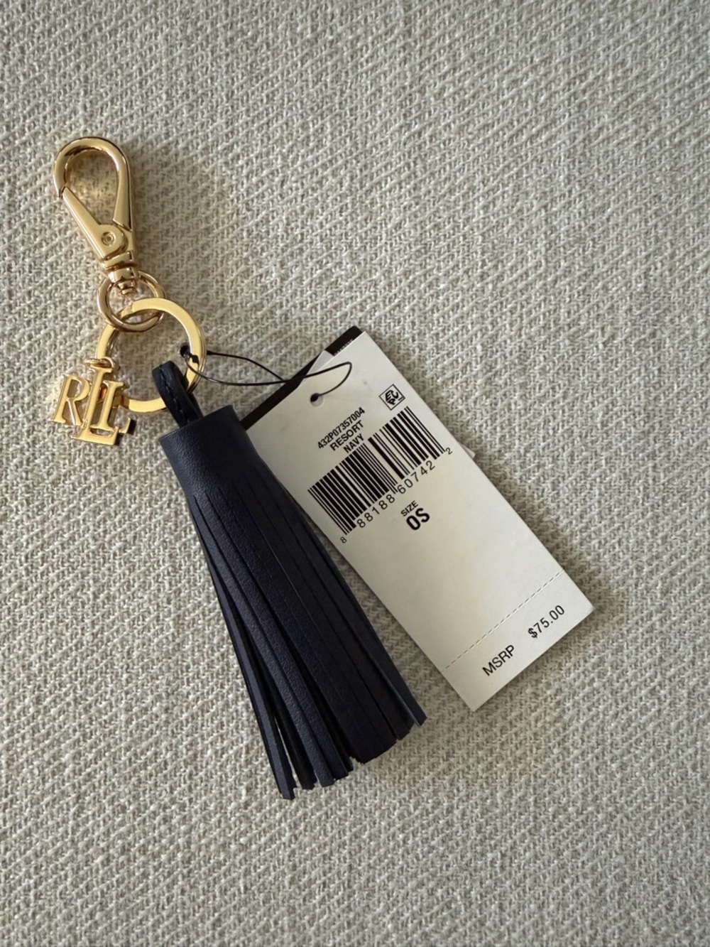 Lauren Ralph Lauren Navy Leather Tassel Key & Card Holder Charm with Gold RL